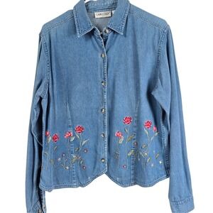 VTG Cabin Creek Denim Shirt Womens Medium Blue Floral Embroidered  Button Up